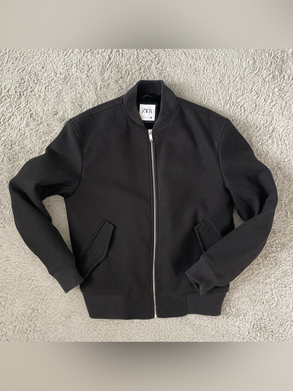Zara Men’s Black Faux Fur Lined Wool Bomber Jacket Size Small Winter Coat Short